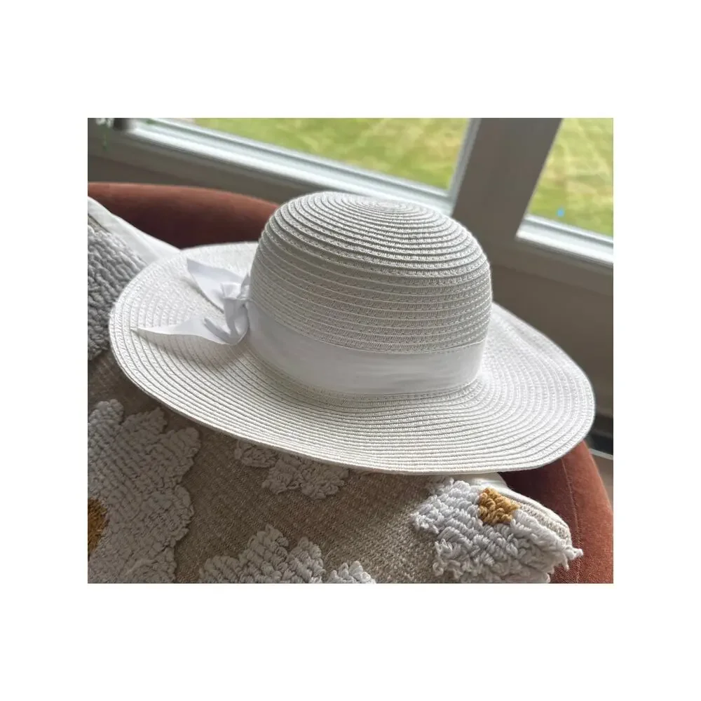Janie and Jack Girls White Straw Sun Hat Bow Accent Size 2T To 3 Toddlers Easter